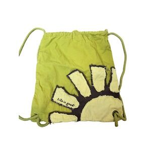Life Is Good Sun Applique Canvas Drawstring Backpack Daypack Green Rope Straps